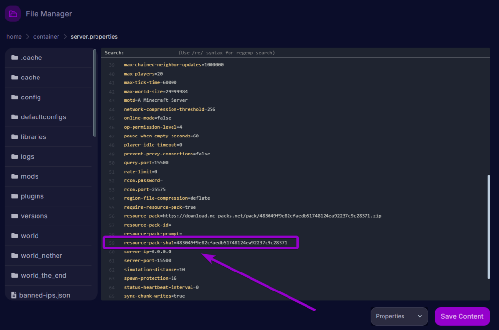 Locating and editing the 'resource-pack-sha1' line in server.properties to ensure the pack downloads correctly.