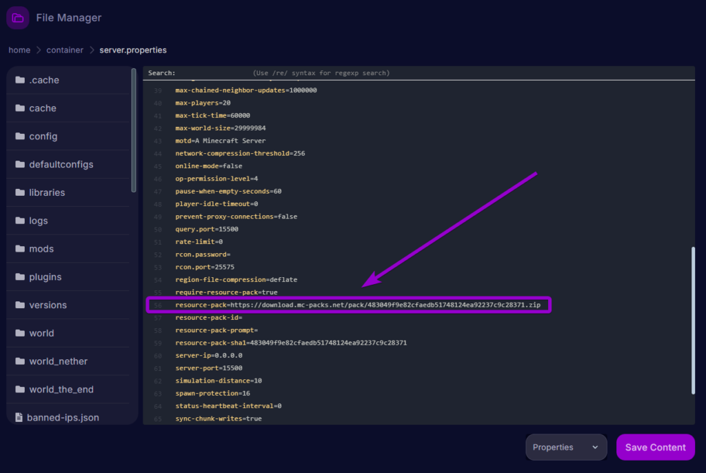 Entering the direct download link for a resource pack into the 'resource-pack' field of the server.properties file.