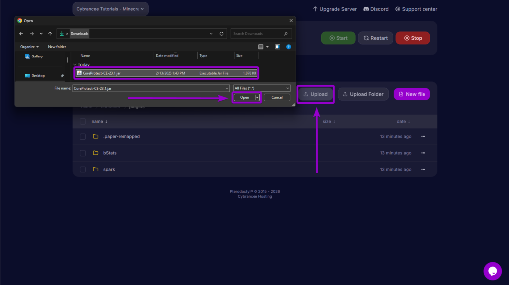 Uploading the CoreProtect plugin .jar file to the server's plugins folder via the file manager.