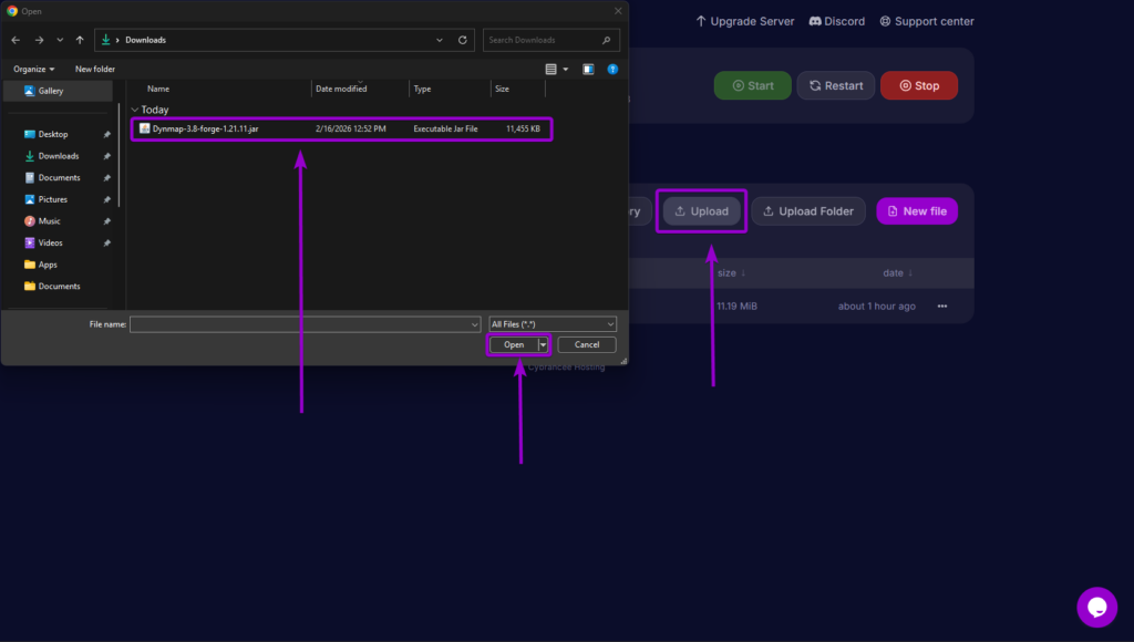 Selecting the Dynmap Forge .jar file to upload it to the server's mods folder
