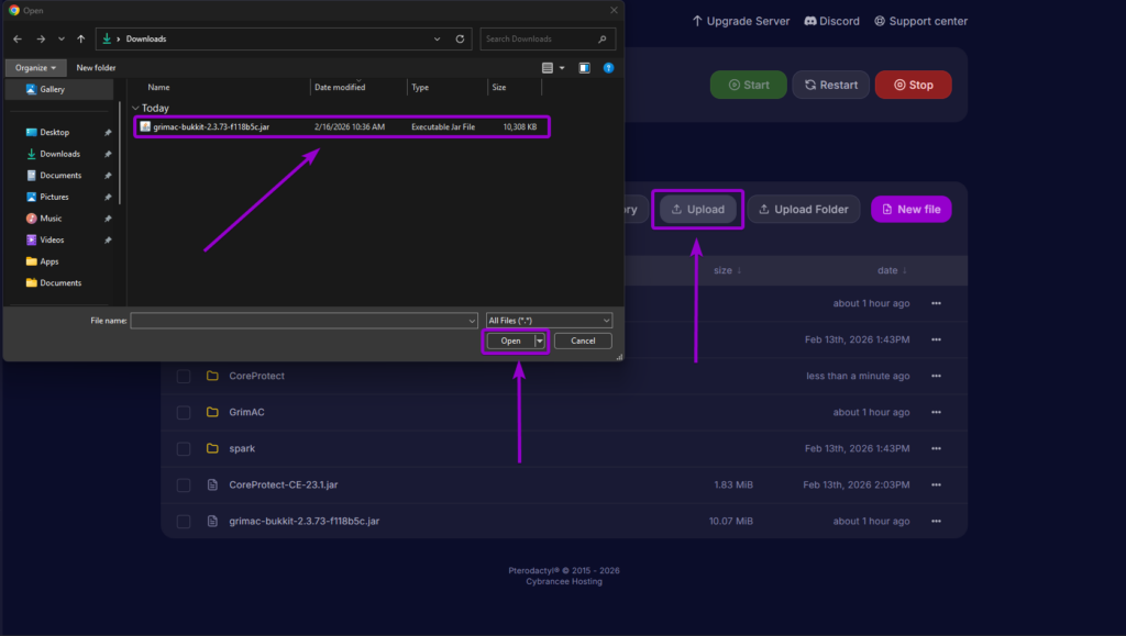 Uploading the GrimAC anti-cheat .jar file to the Minecraft server
