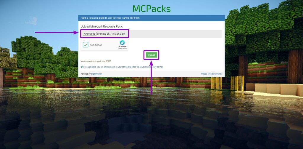 Uploading a custom resource pack .zip file to the MCPacks hosting service.