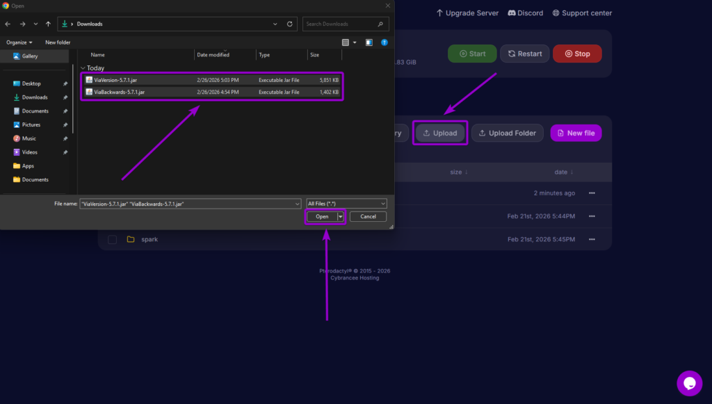 Selecting the ViaVersion and ViaBackwards .jar files from the computer to upload them to the server panel