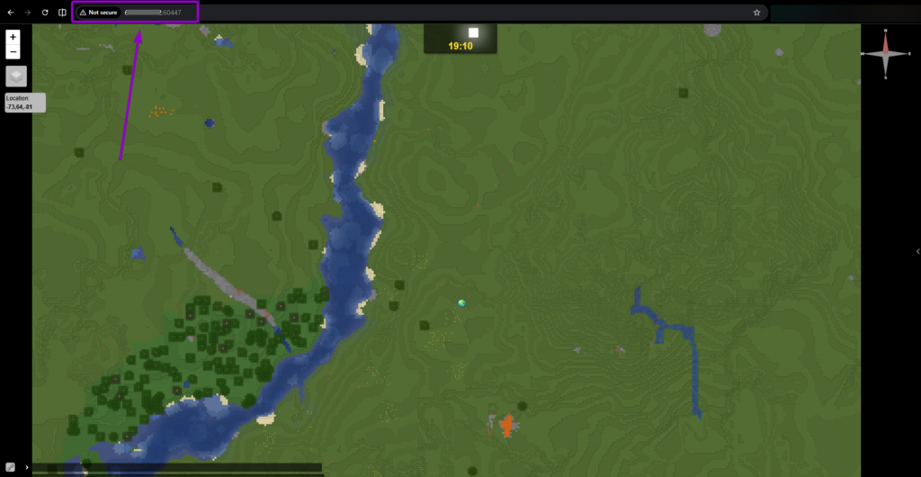 Using the server IP and custom port in a browser address bar to view the live 3D map