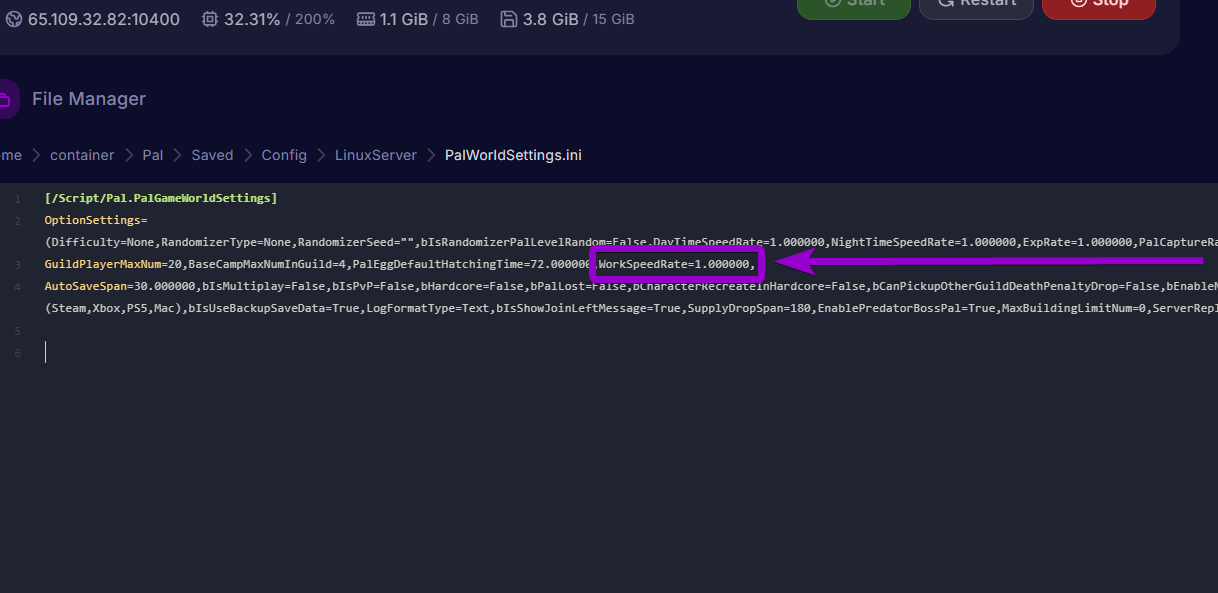 'Workspeedrate' outlined with arrow