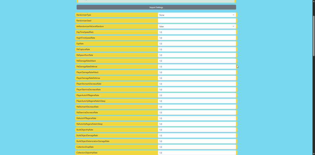 Interface for generating custom Palworld WorldOption.sav settings and multipliers