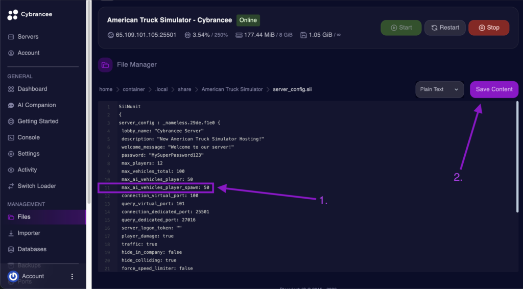 Cybrancee File Manager displaying the max_ai_vehicles_player_spawn setting with the Save Content button highlighted for an American Truck Simulator server.