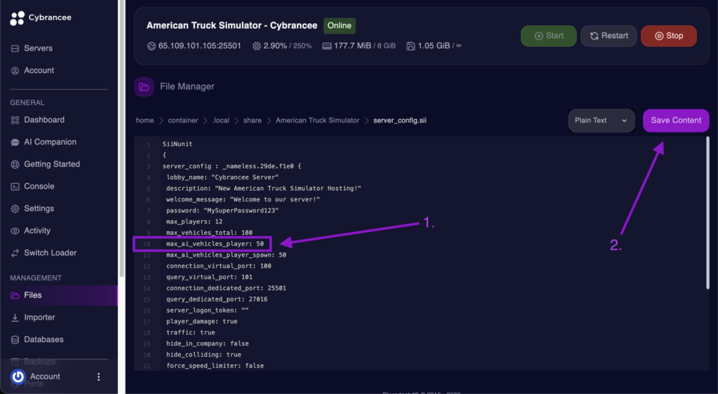 Cybrancee File Manager displaying the max_ai_vehicles_player setting with the Save Content button highlighted for an American Truck Simulator server.