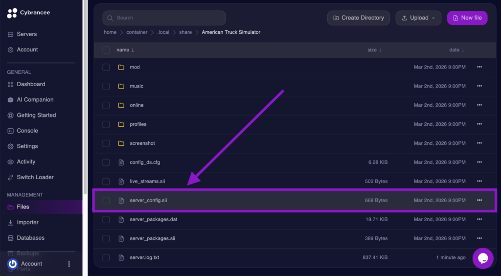 Cybrancee File Manager displaying the American Truck Simulator directory with the server_config.sii file highlighted.
