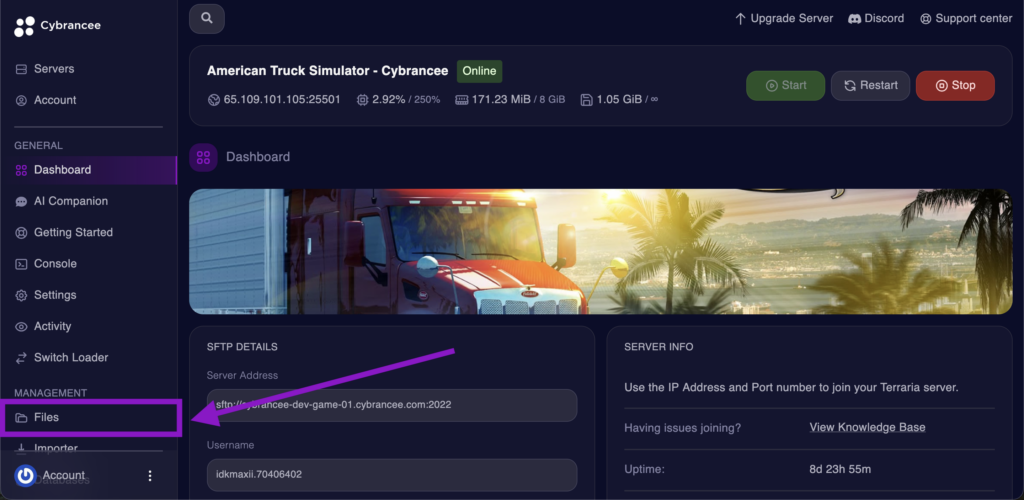Cybrancee Dashboard with the Files tab highlighted in the sidebar for an American Truck Simulator server.