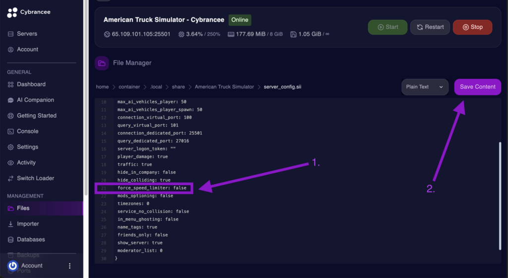 Cybrancee File Manager displaying the force_speed_limiter setting with the Save Content button highlighted for an American Truck Simulator server.