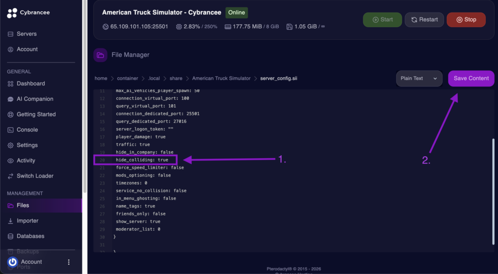 Cybrancee File Manager displaying the hide_colliding setting with the Save Content button highlighted for an American Truck Simulator server.