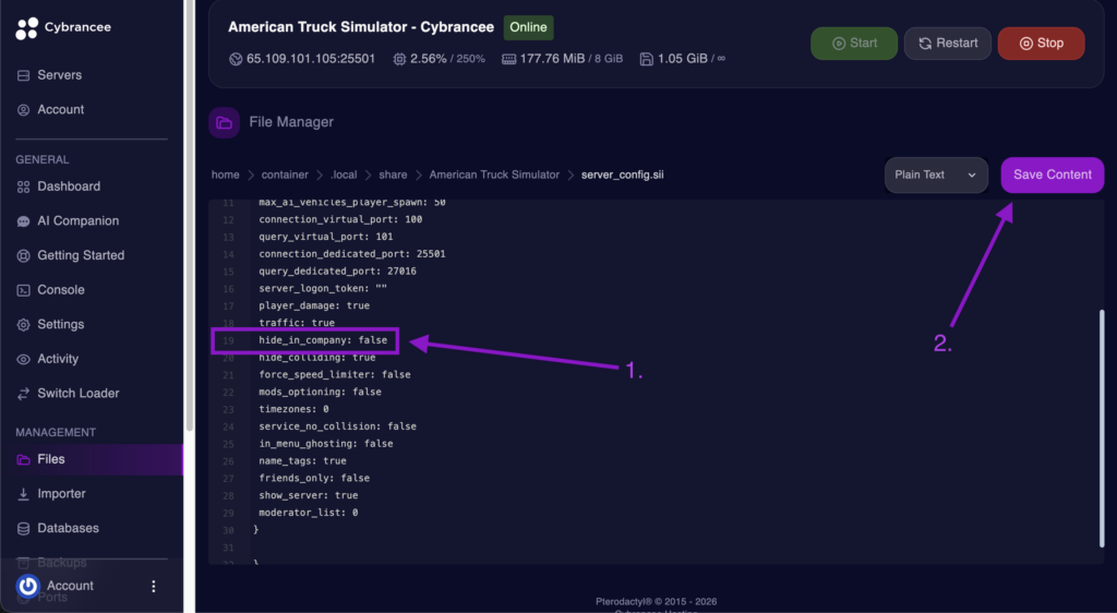 Cybrancee File Manager displaying the hide_in_company setting with the Save Content button highlighted for an American Truck Simulator server.