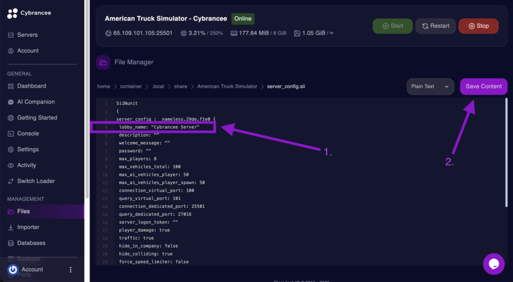 Cybrancee File Manager displaying the lobby_name setting within the server_config.sii file with the Save Content button highlighted for an American Truck Simulator server.