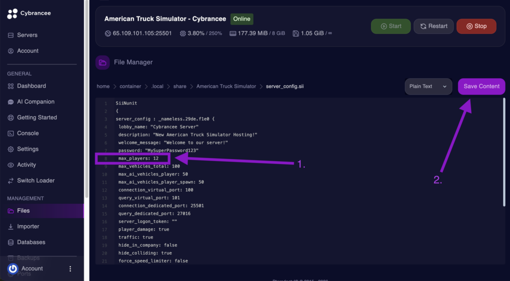 Cybrancee File Manager displaying the max_players setting with the Save Content button highlighted for an American Truck Simulator server.