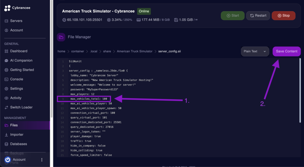 Cybrancee File Manager displaying the max_vehicles_total setting with the Save Content button highlighted for an American Truck Simulator server.