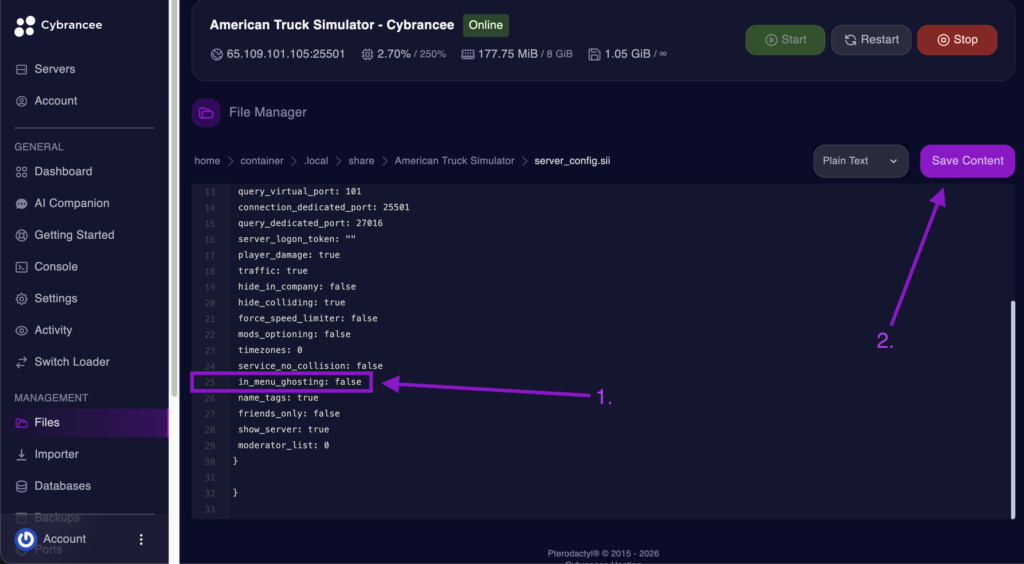 Cybrancee File Manager displaying the in_menu_ghosting setting with the Save Content button highlighted for an American Truck Simulator server.