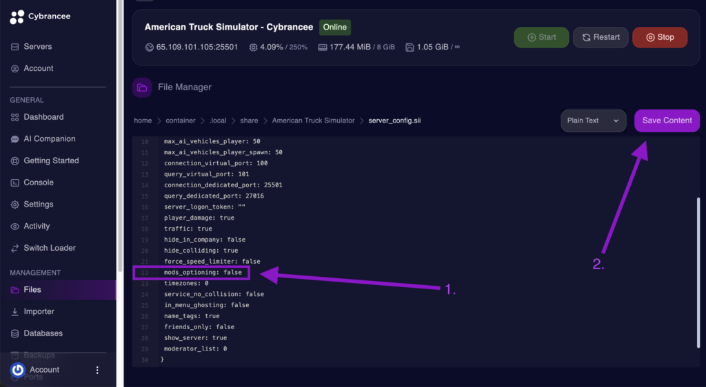 Cybrancee File Manager displaying the mods_optioning setting with the Save Content button highlighted for an American Truck Simulator server.
