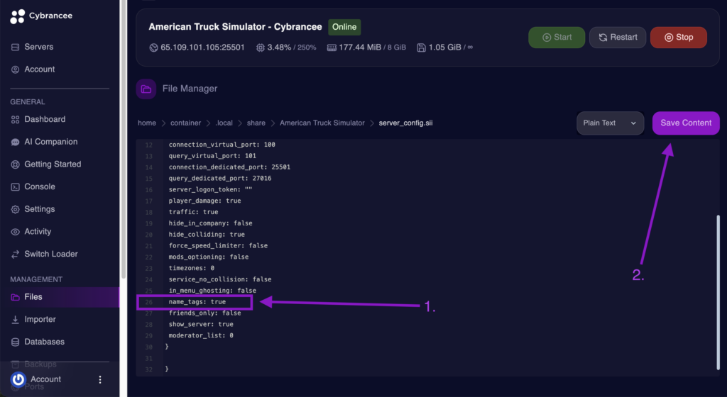 Cybrancee File Manager displaying the name_tags setting with the Save Content button highlighted for an American Truck Simulator server.