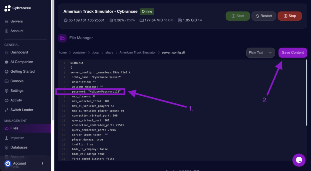 Cybrancee File Manager displaying the password setting within the server_config.sii file with the Save Content button highlighted for an American Truck Simulator server.