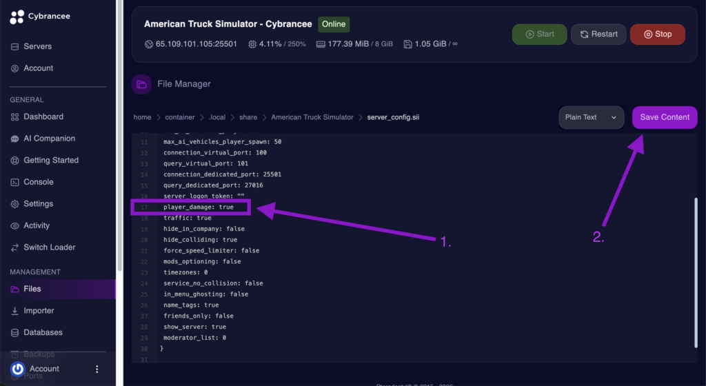 Cybrancee File Manager displaying the player_damage setting with the Save Content button highlighted for an American Truck Simulator server.