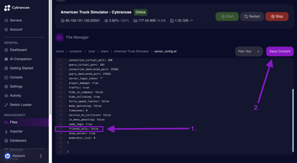 Cybrancee File Manager displaying the friends_only setting with the Save Content button highlighted for an American Truck Simulator server.