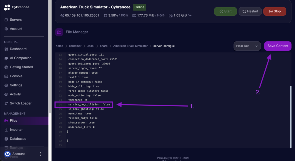 Aquí tienes la descripción técnica para la configuración de colisiones en servicios en American Truck Simulator: Alt Text: Cybrancee File Manager displaying the service_no_collision setting with the Save Content button highlighted for an American Truck Simulator server.