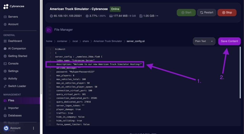 Cybrancee File Manager displaying the description setting within the server_config.sii file with the Save Content button highlighted for an American Truck Simulator server.