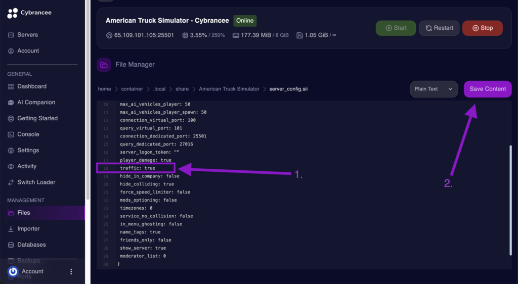 Cybrancee File Manager displaying the traffic setting with the Save Content button highlighted for an American Truck Simulator server.