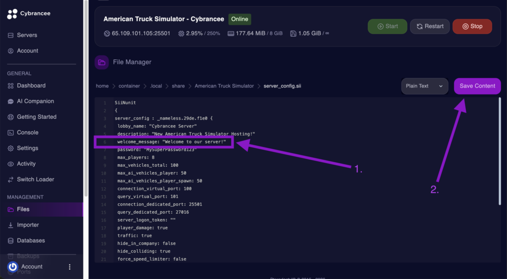Cybrancee File Manager displaying the welcome_message setting with the Save Content button highlighted for an American Truck Simulator server.