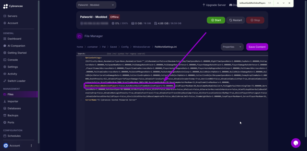 'AutoResetGuildTimeNoOnlinePlayers' and 'bAutoResetGuildNoOnlinePlayers' outlined with arrow