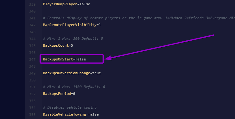 'BackupsOnStart' option outlined with arrow