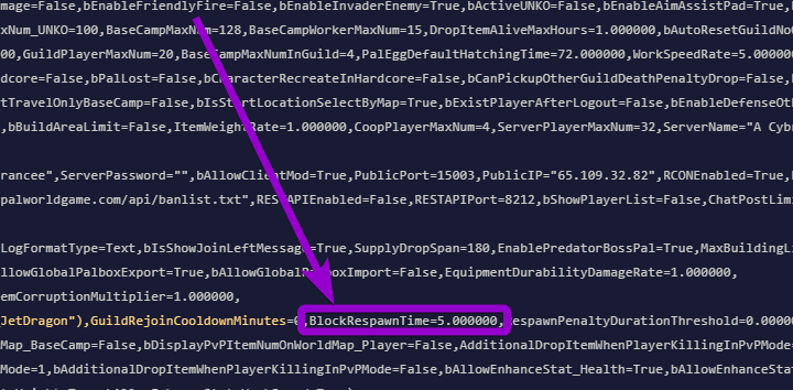 'BlockRespawnTime' outlined with arrow
