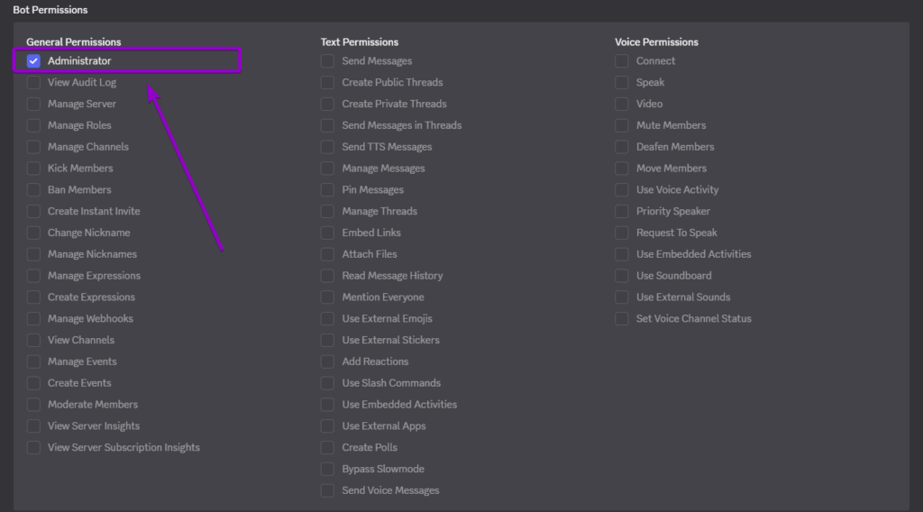 Administrator Button Highlighted in Bot Permission