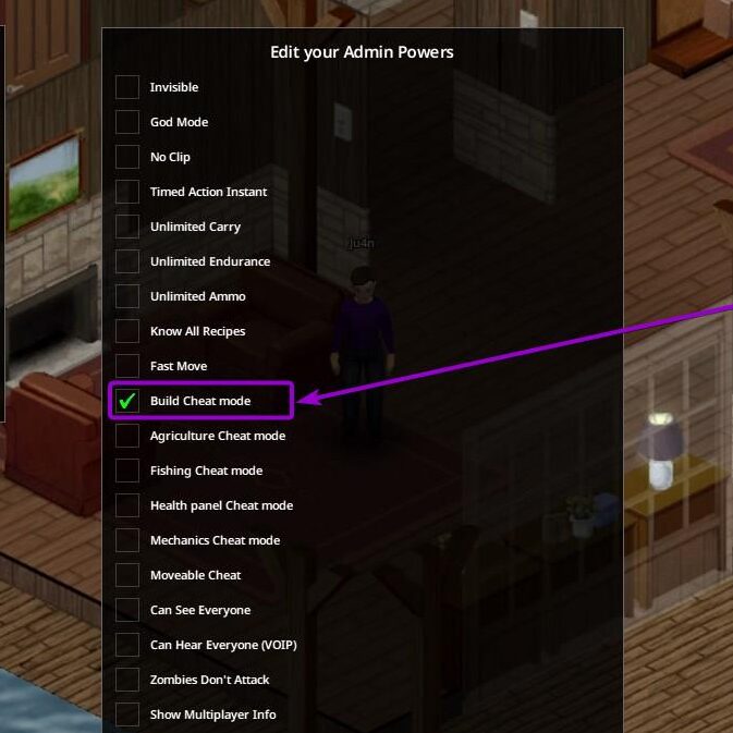 'Build Cheat mode' checkbox outlined with arrow
