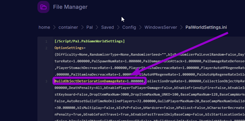 'BuildObjectDeteriorationDamageRate' outlined with arrow
