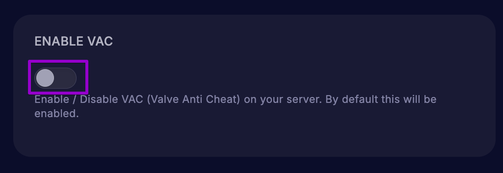 Cybrancee Panel Startup Tab with Enable VAC toggle disabled.