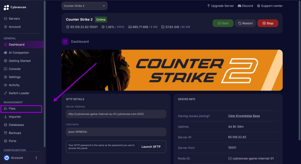 CS2 Files tab with box around and arrow pointed in Cybrancee panel.