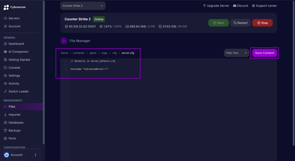 Setting a hostname in the server.conf file with a box around the file and save button.