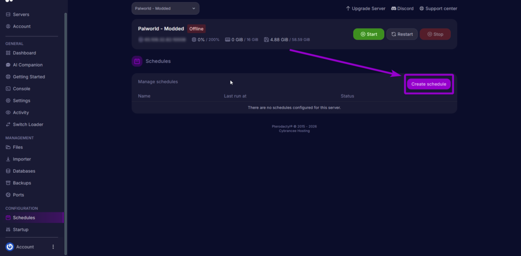 Cybrancee Panel- Create New Schedule for Palworld