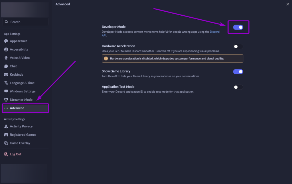 Turing Developer Mode On in Discord Settings