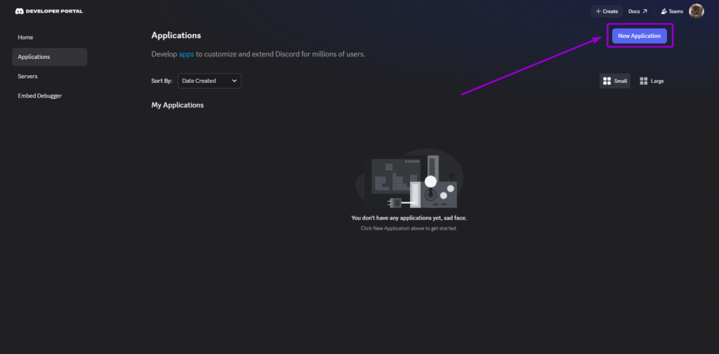 NewApplication Button Highlighted in Discord Developer Portal