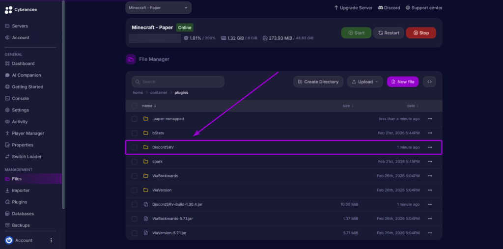 DiscordSRV Folder Highlighted in Cybrancee Panel