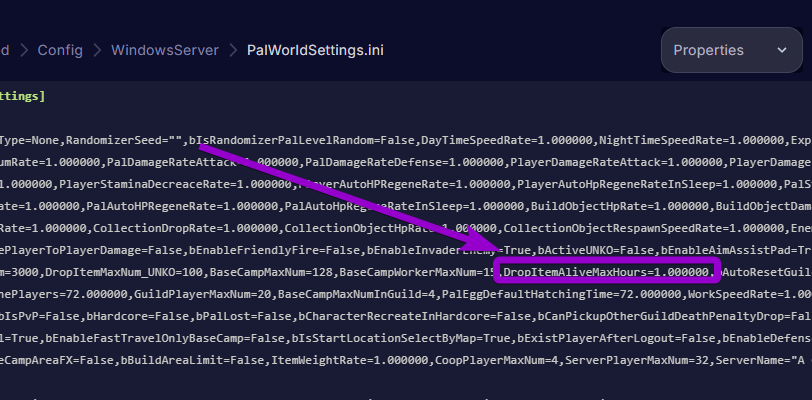 'DropItemAliveMaxHours' outlined with arrow