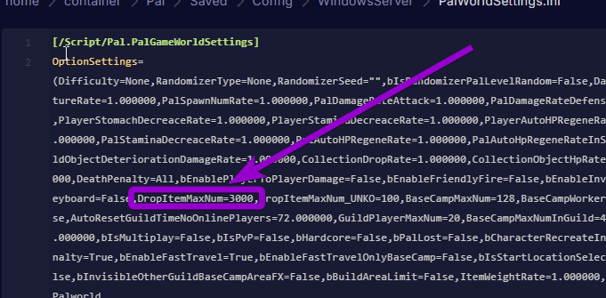 'DropItemMaxNum' outlined with arrow 