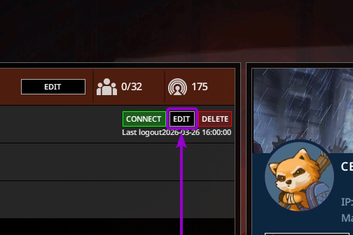'Edit' button for a Project Zomboid server account outlined with arrow