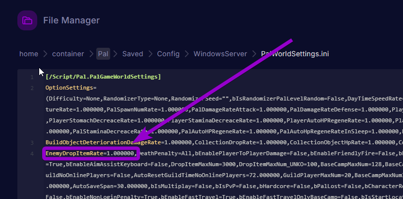 'EnemyDropItemRate' outlined with arrow