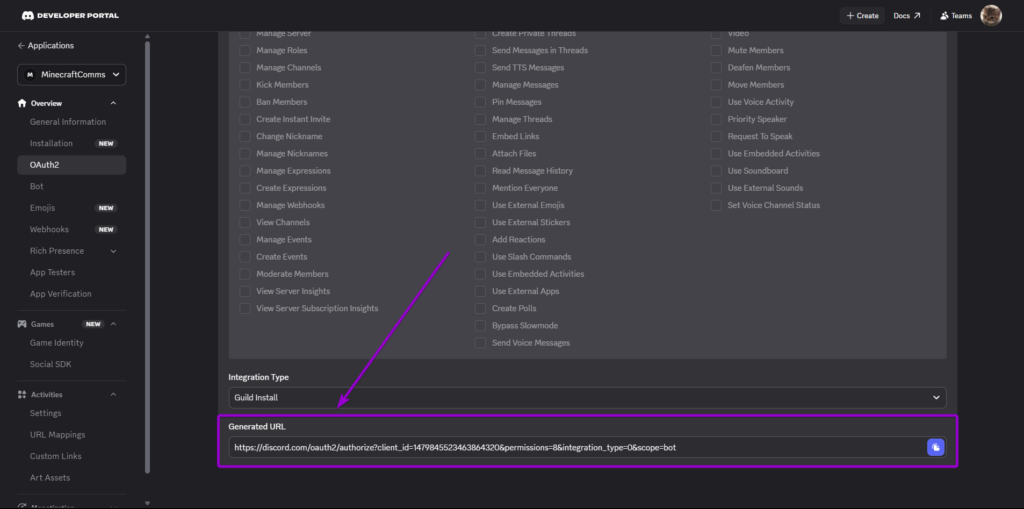 Copy Bot's Generated URL