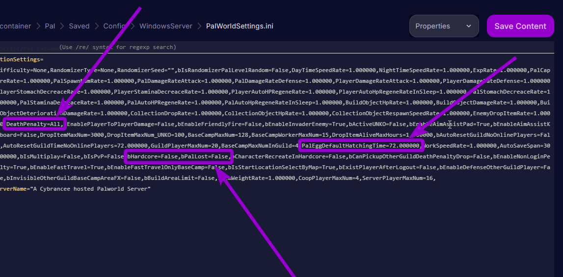 'bPalLost','bHardcore','DeathPenalty' and 'PalEggDefaultHatchingTime' outlined with arrow
