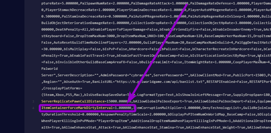 'ItemContainerForceMarkDirtyInterval' outlined with arrow
